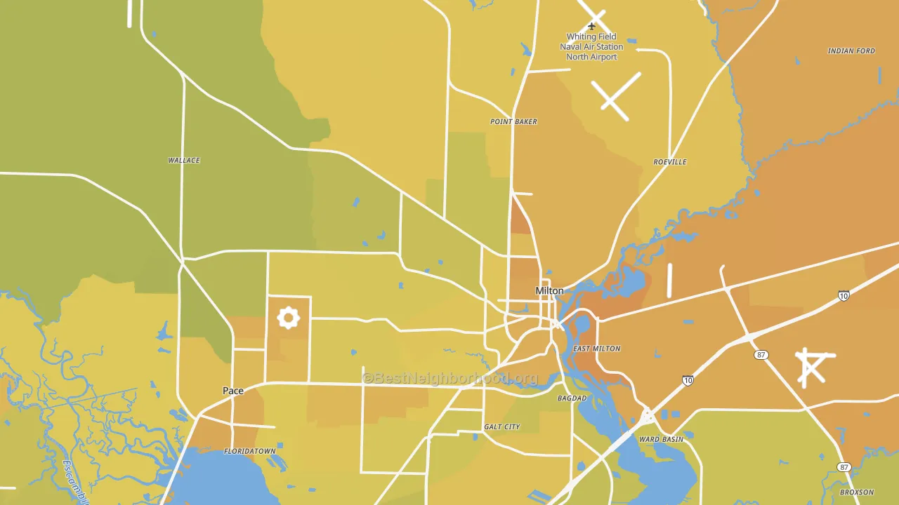 Map of the best neighborhoods in the Milton area, with better matches in green and worse matches in red