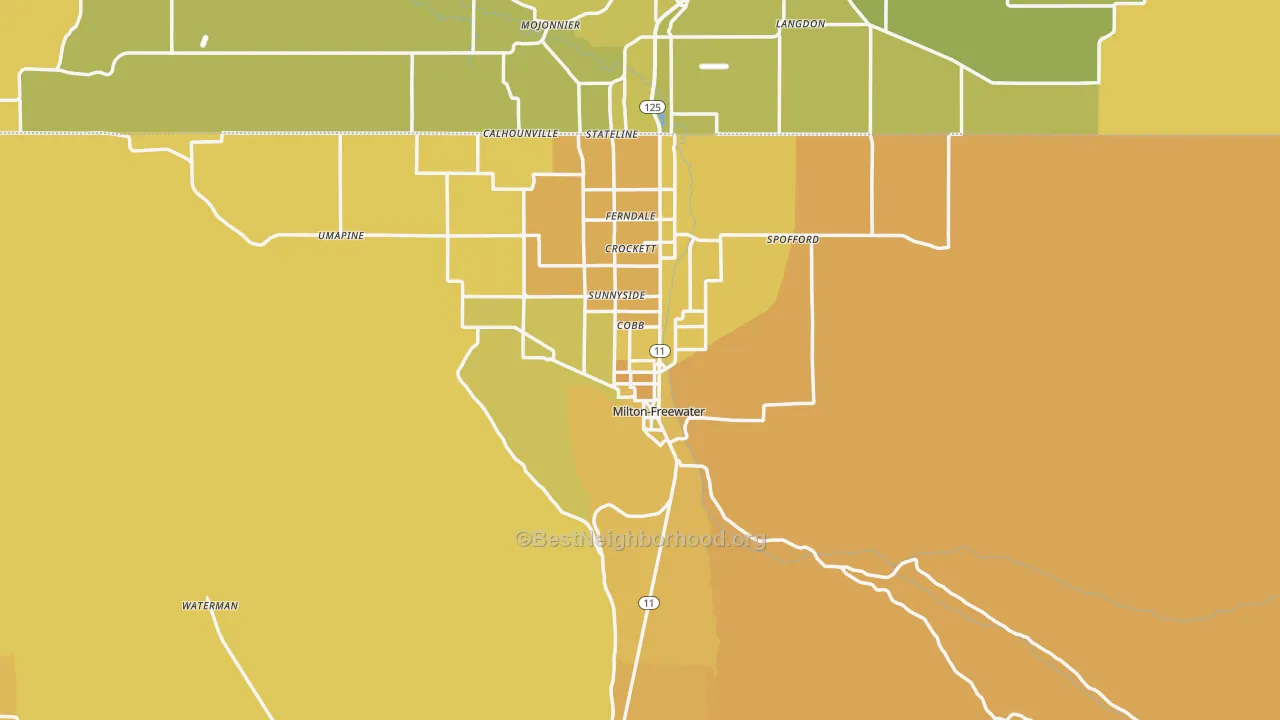 Map of the best neighborhoods in the Milton-Freewater area, with better matches in green and worse matches in red