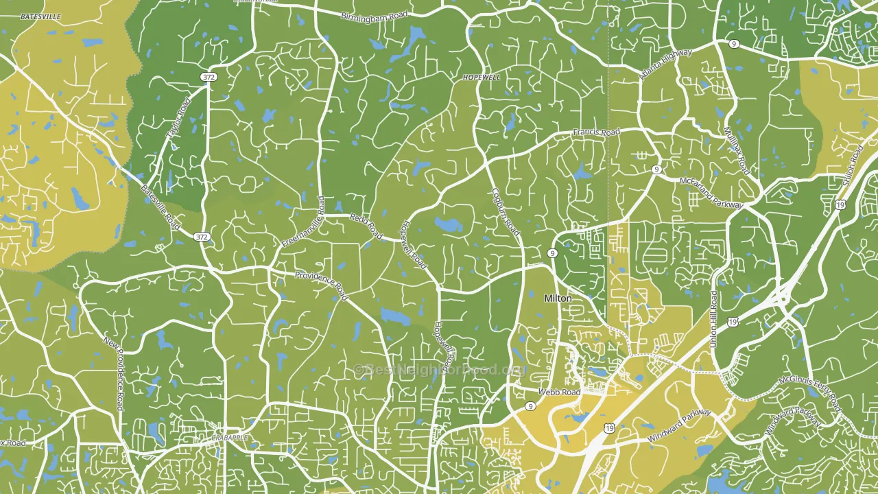 Map of the best neighborhoods in the Milton area, with better matches in green and worse matches in red