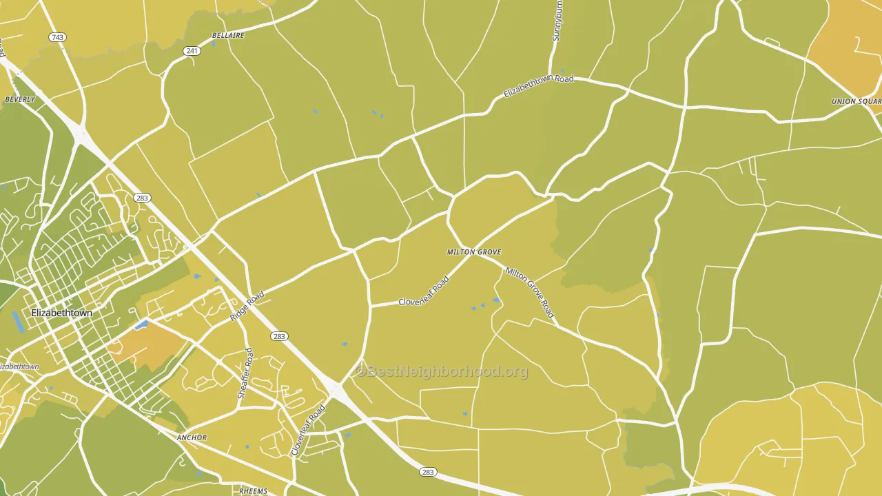 Map of the best neighborhoods in the Milton Grove area, with better matches in green and worse matches in red