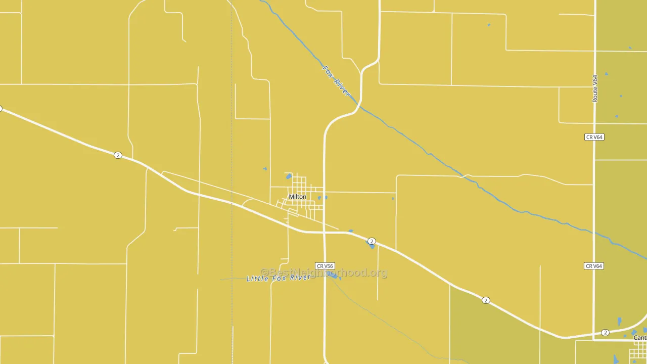 Map of the best neighborhoods in the Milton area, with better matches in green and worse matches in red