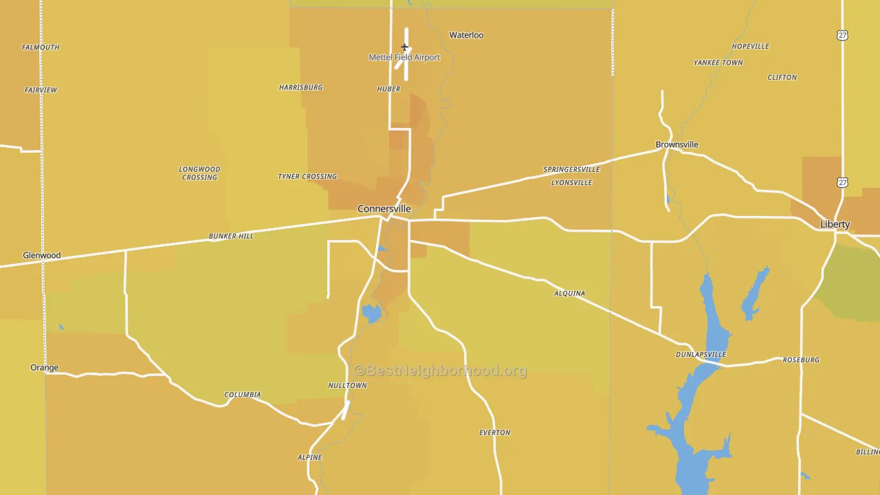Map of the best neighborhoods in the Milton area, with better matches in green and worse matches in red