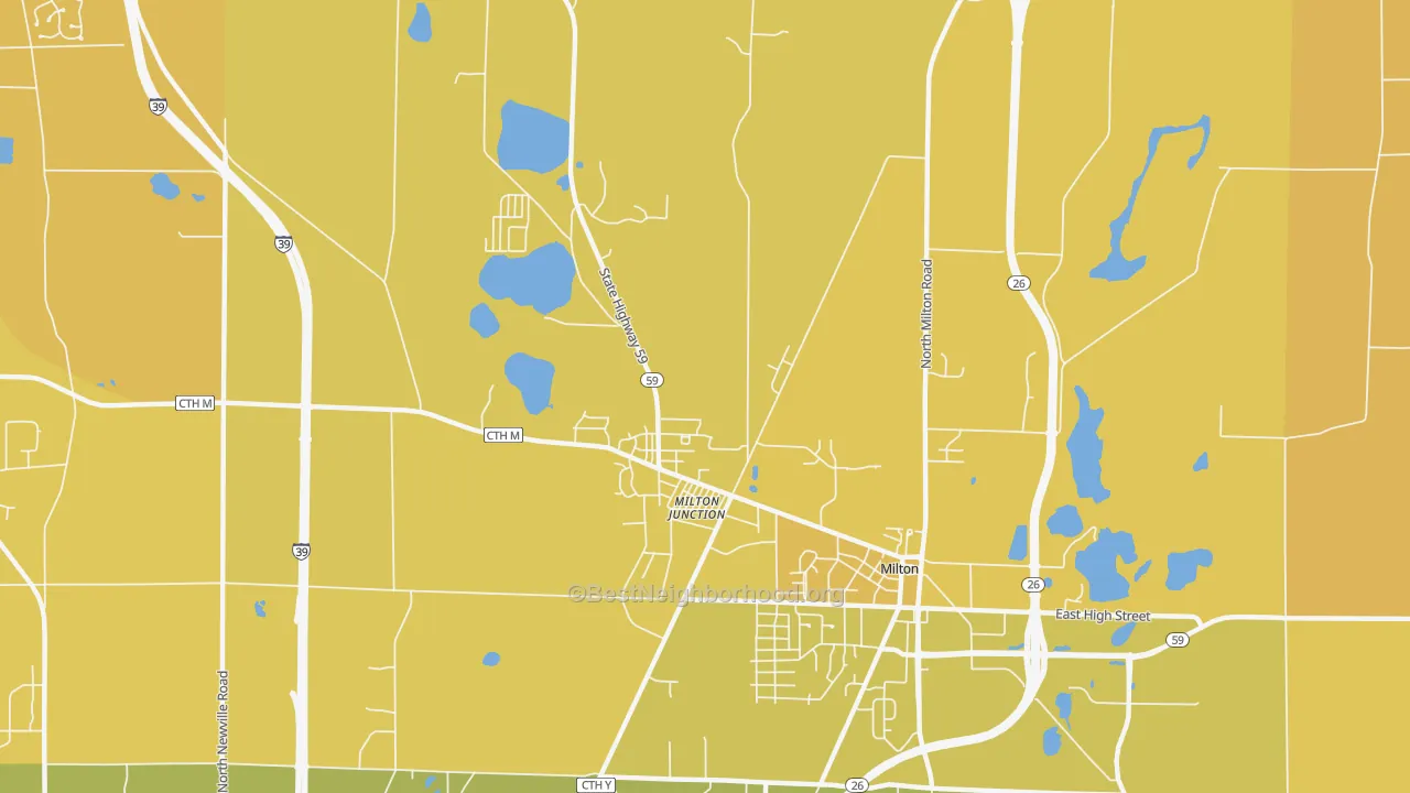 Map of the best neighborhoods in the Milton Junction area, with better matches in green and worse matches in red