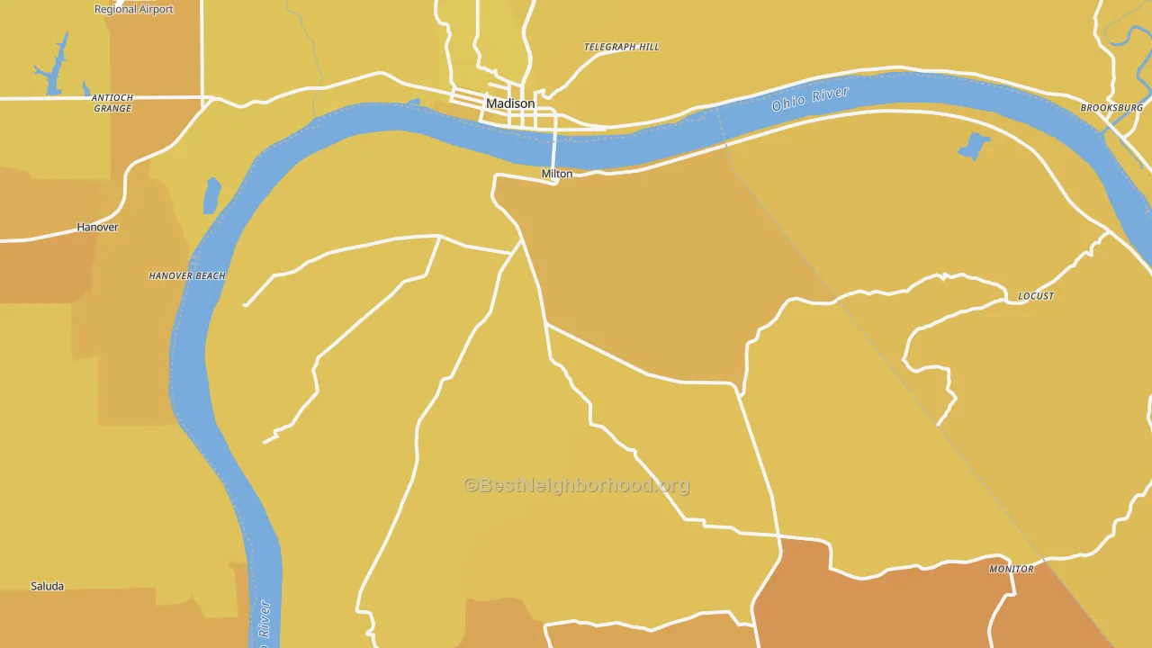 Map of the best neighborhoods in the Milton area, with better matches in green and worse matches in red