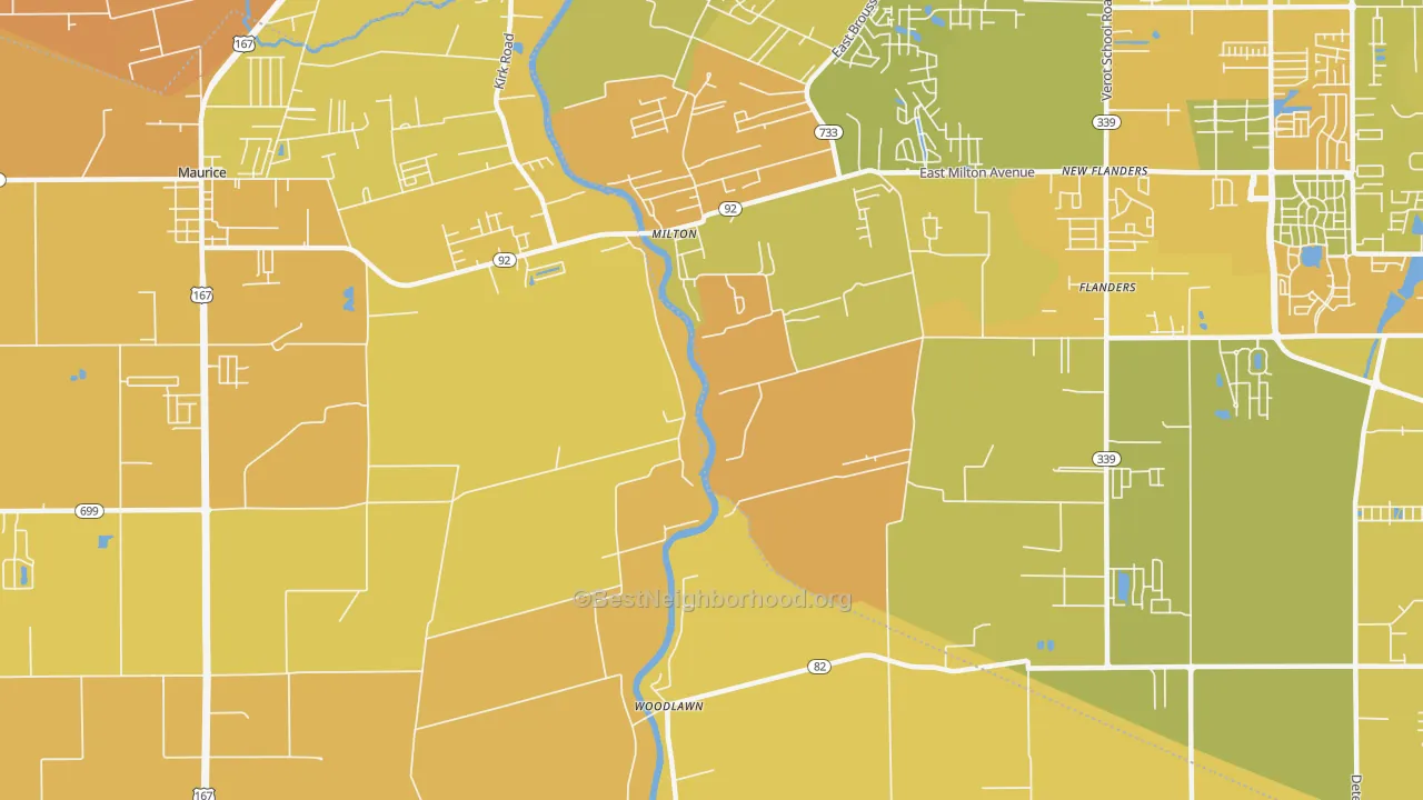Map of the best neighborhoods in the Milton area, with better matches in green and worse matches in red