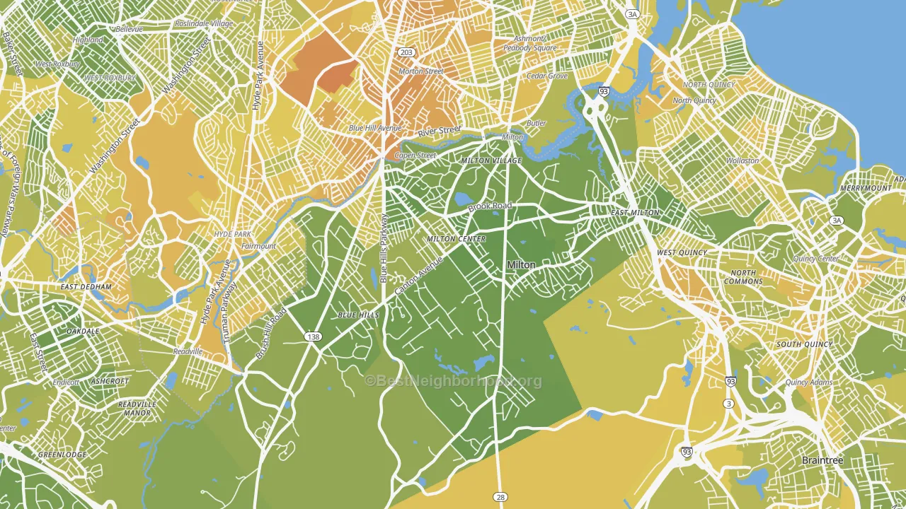 Map of the best neighborhoods in the Milton area, with better matches in green and worse matches in red
