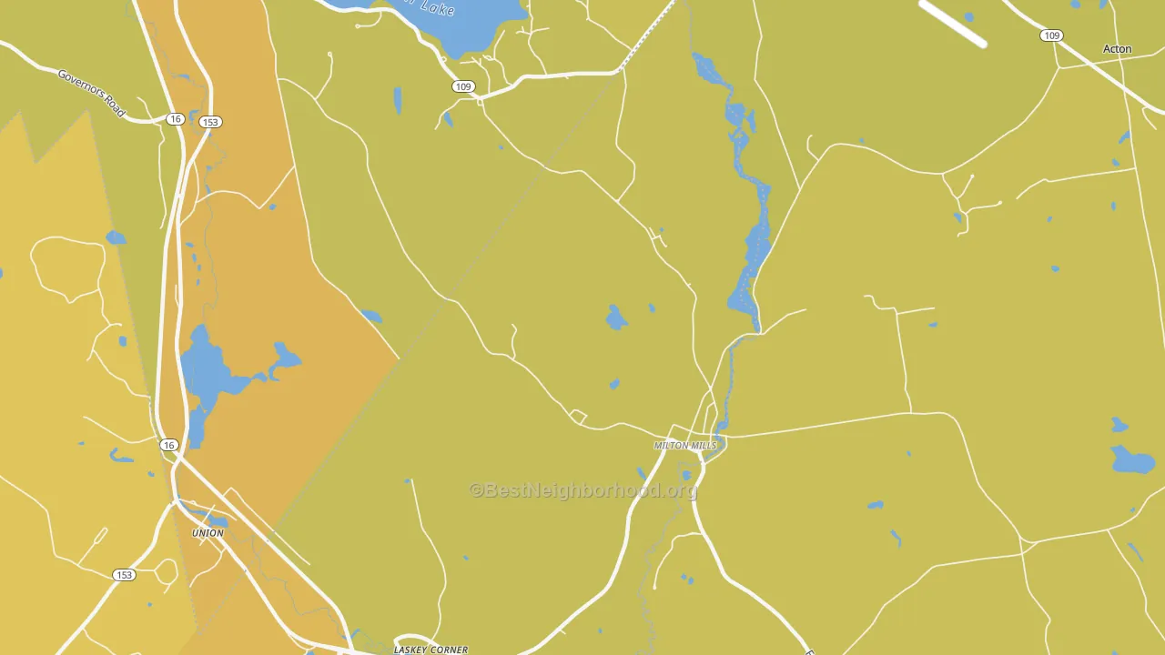 Map of the best neighborhoods in the Milton Mills area, with better matches in green and worse matches in red
