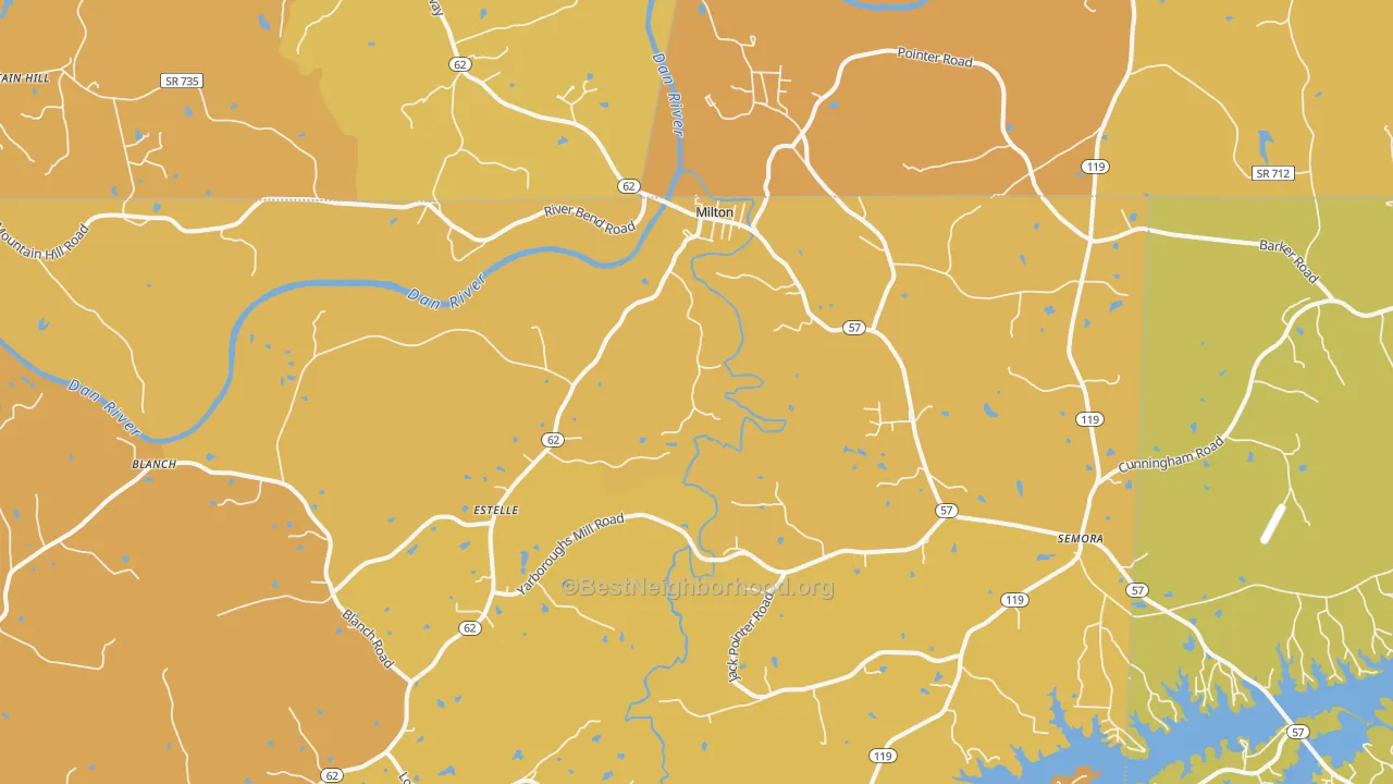 Map of the best neighborhoods in the Milton area, with better matches in green and worse matches in red