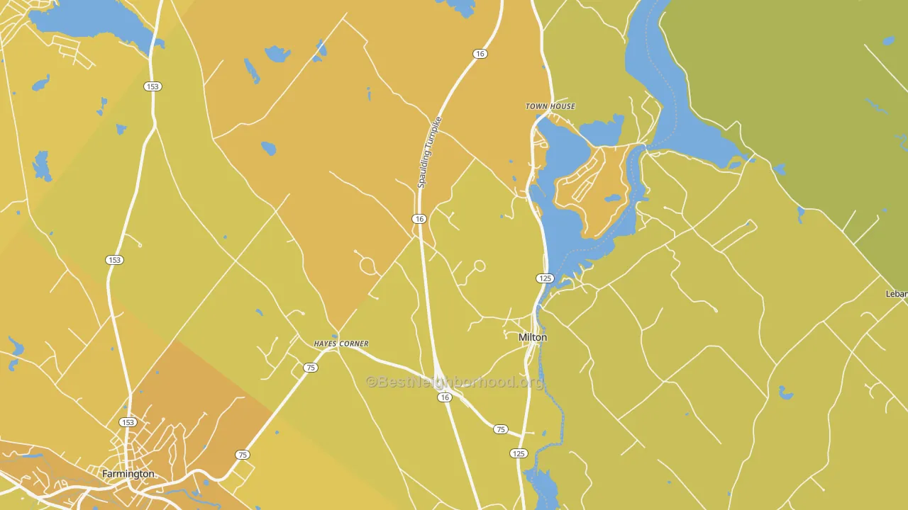 Map of the best neighborhoods in the Milton area, with better matches in green and worse matches in red