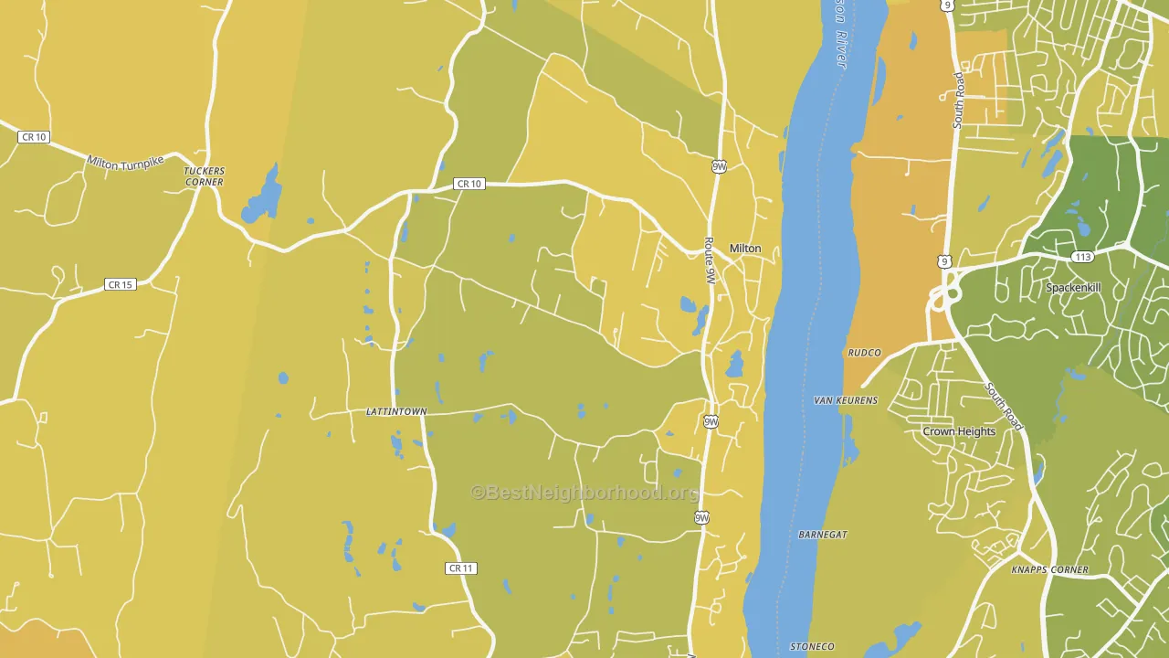 Map of the best neighborhoods in the Milton area, with better matches in green and worse matches in red