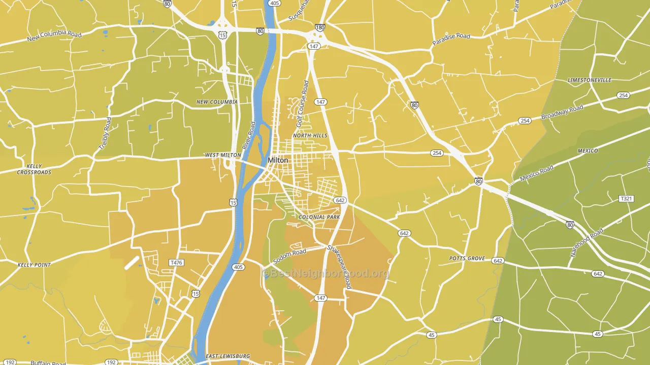 Map of the best neighborhoods in the Milton area, with better matches in green and worse matches in red