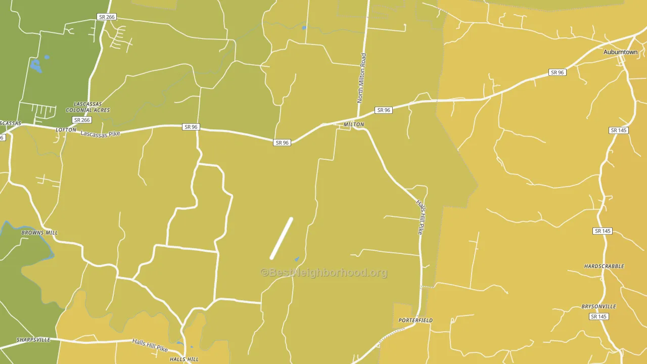 Map of the best neighborhoods in the Milton area, with better matches in green and worse matches in red