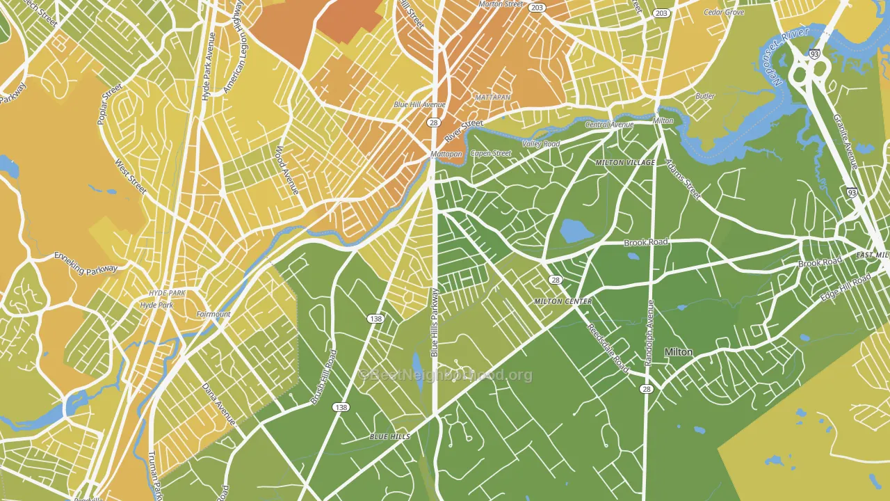 Map of the best neighborhoods in the Milton Upper Mills, Milton area, with better matches in green and worse matches in red