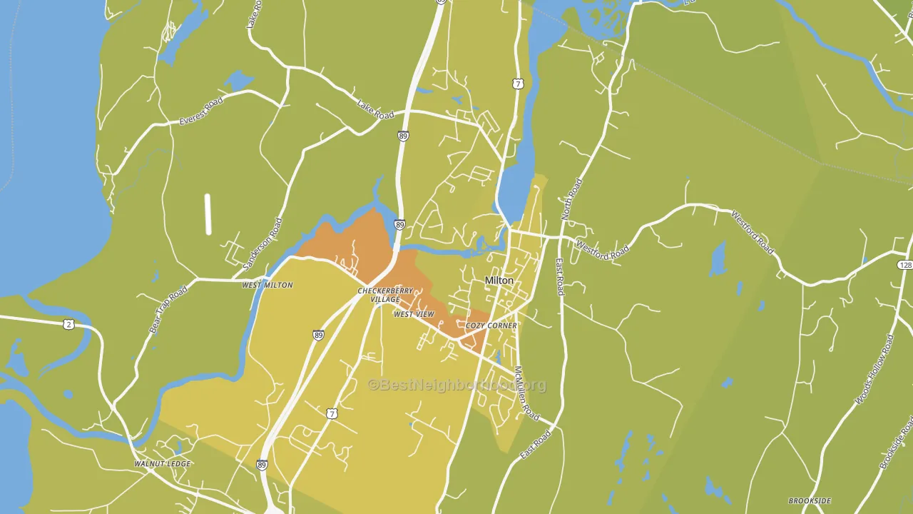 Map of the best neighborhoods in the Milton area, with better matches in green and worse matches in red