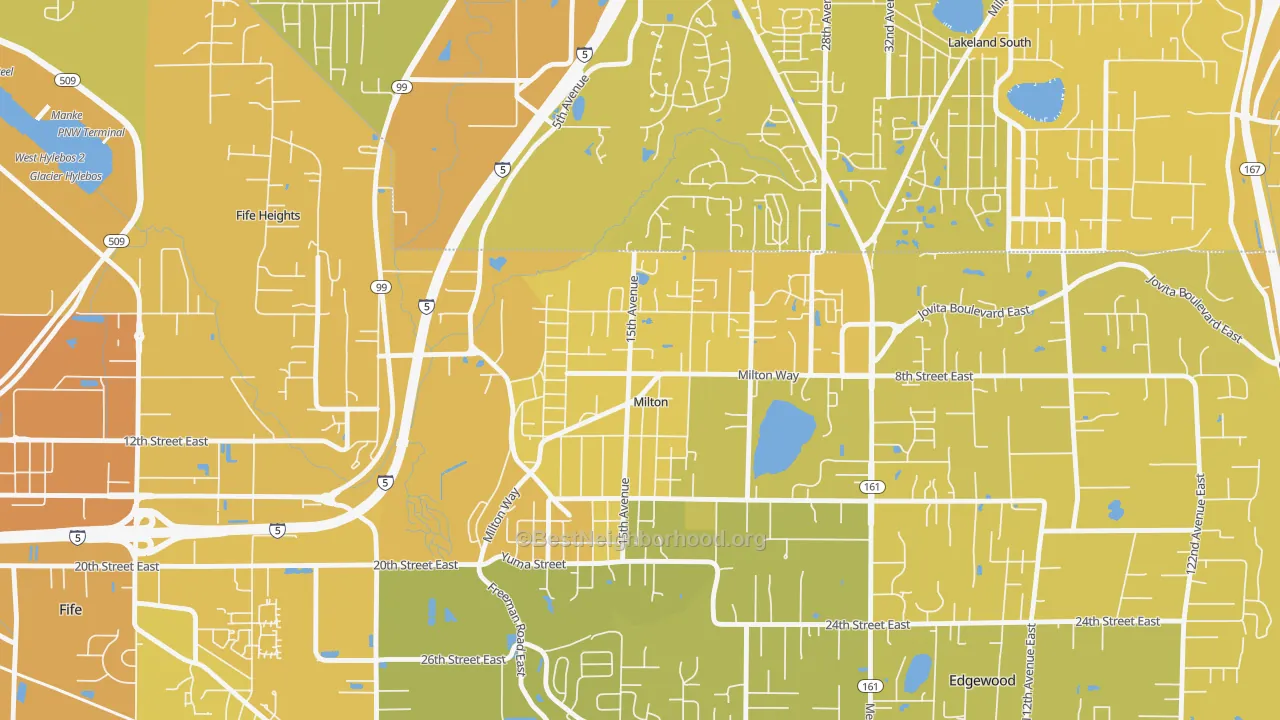 Map of the best neighborhoods in the Milton area, with better matches in green and worse matches in red