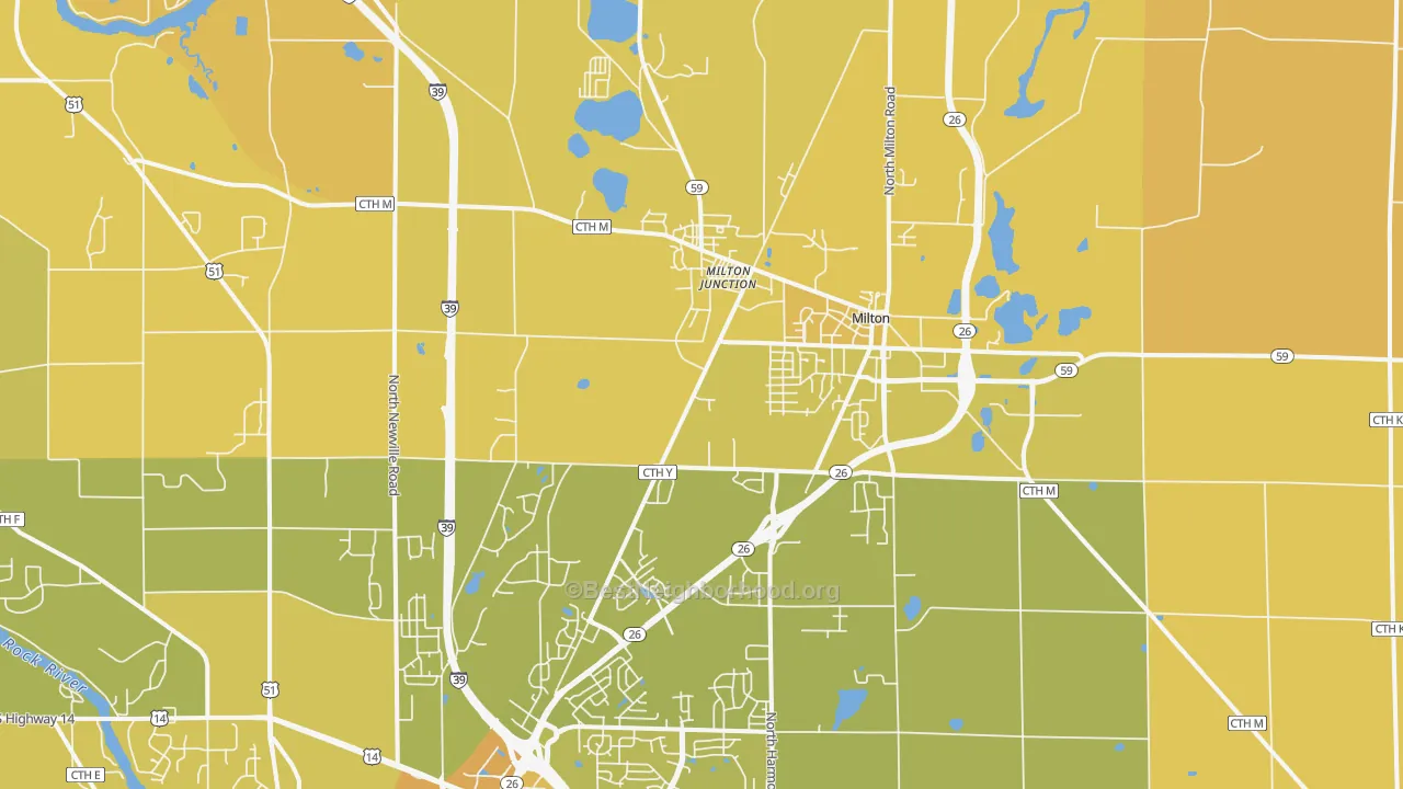 Map of the best neighborhoods in the Milton area, with better matches in green and worse matches in red