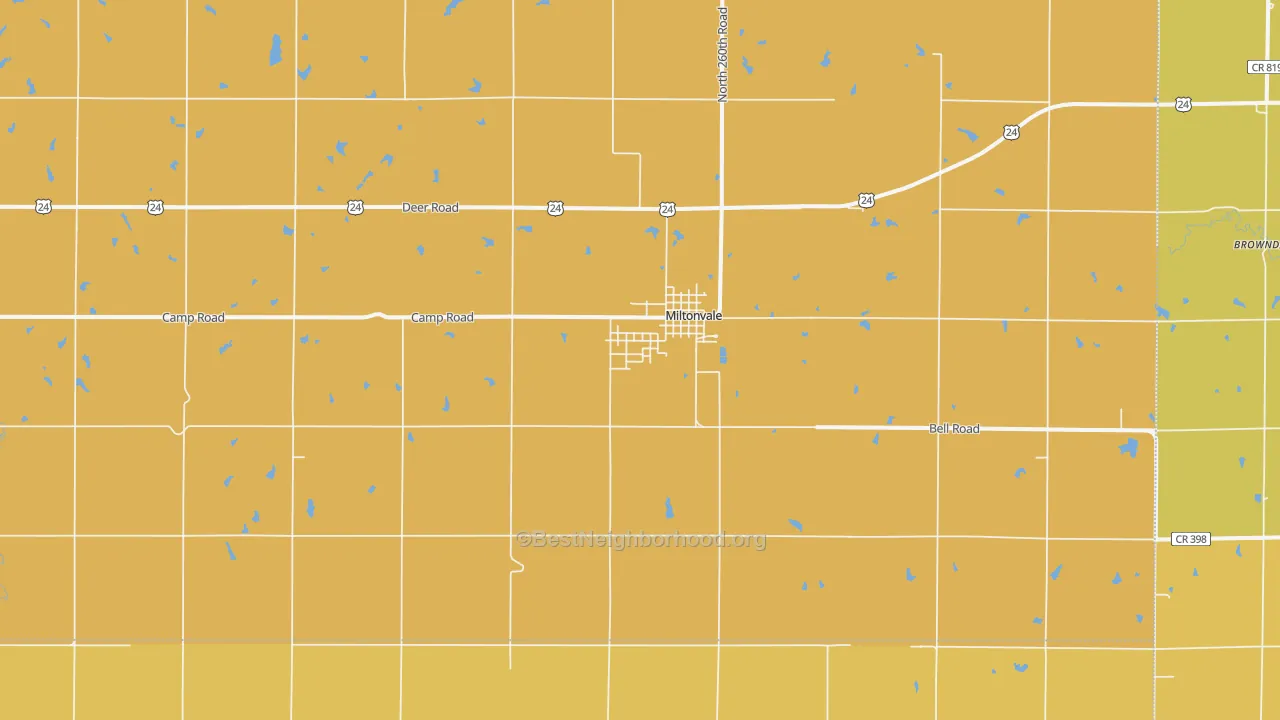 Map of the best neighborhoods in the Miltonvale area, with better matches in green and worse matches in red