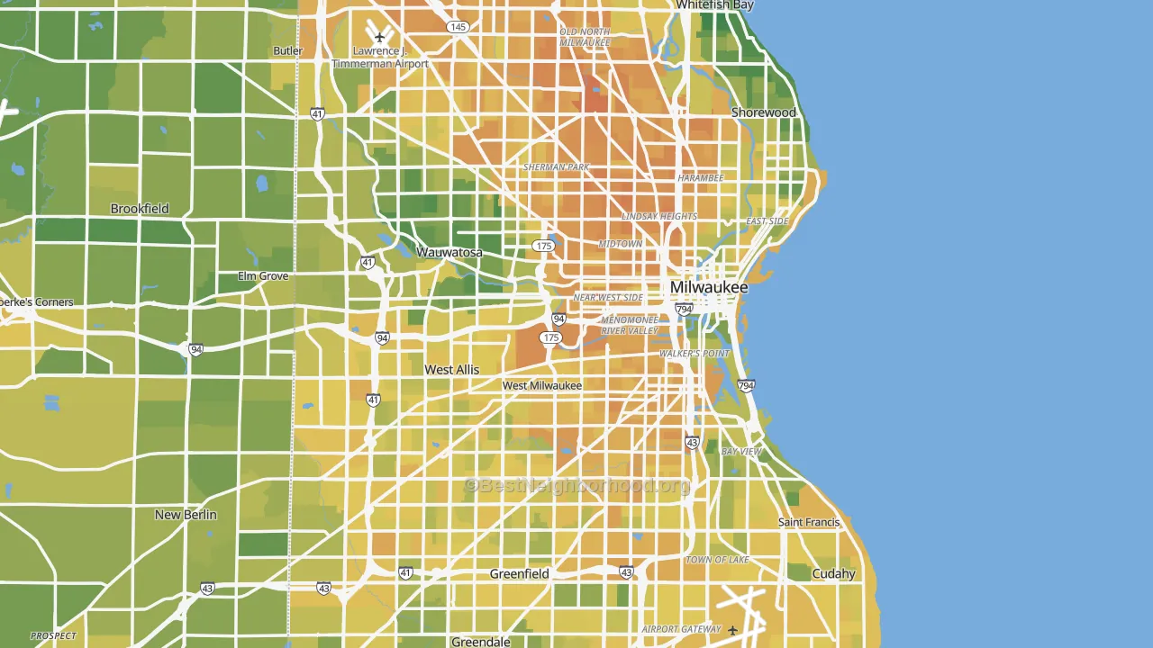 Map of the best neighborhoods in the Milwaukee County area, with better matches in green and worse matches in red