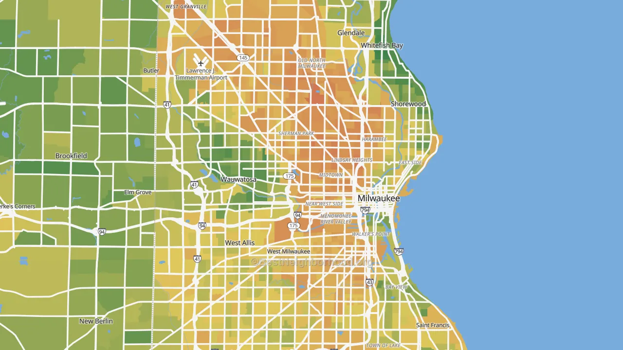Map of the best neighborhoods in the Milwaukee Metro area, with better matches in green and worse matches in red