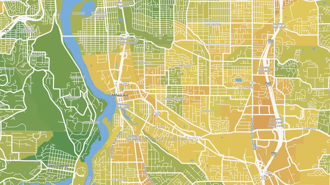 Map of the best neighborhoods in the Milwaukie area, with better matches in green and worse matches in red