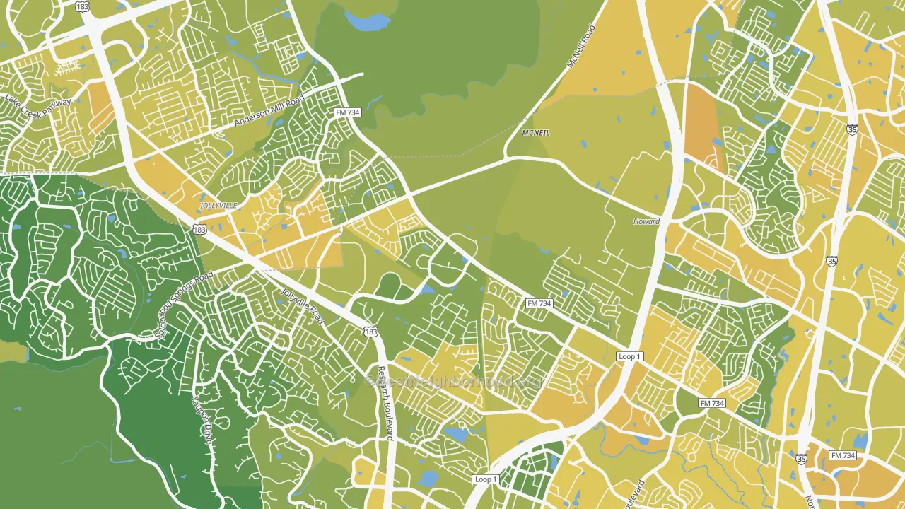 Map of the best neighborhoods in the Milwood, Austin area, with better matches in green and worse matches in red