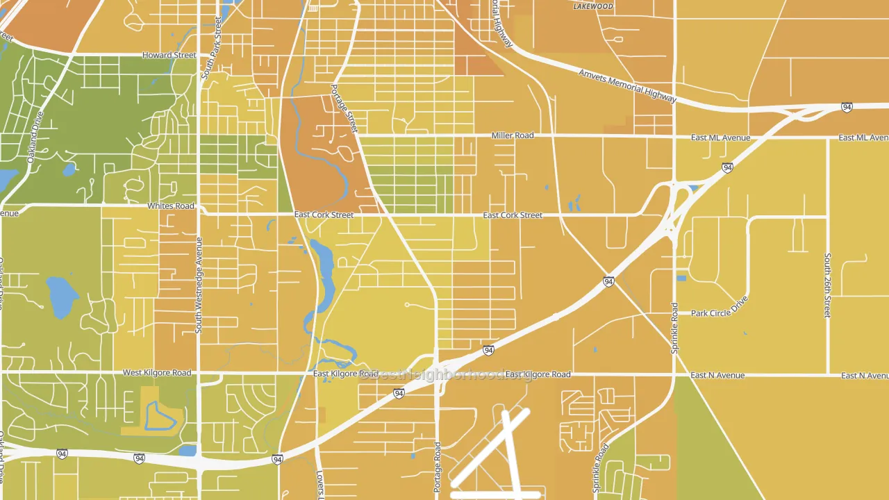 Map of the best neighborhoods in the Milwood, Kalamazoo area, with better matches in green and worse matches in red