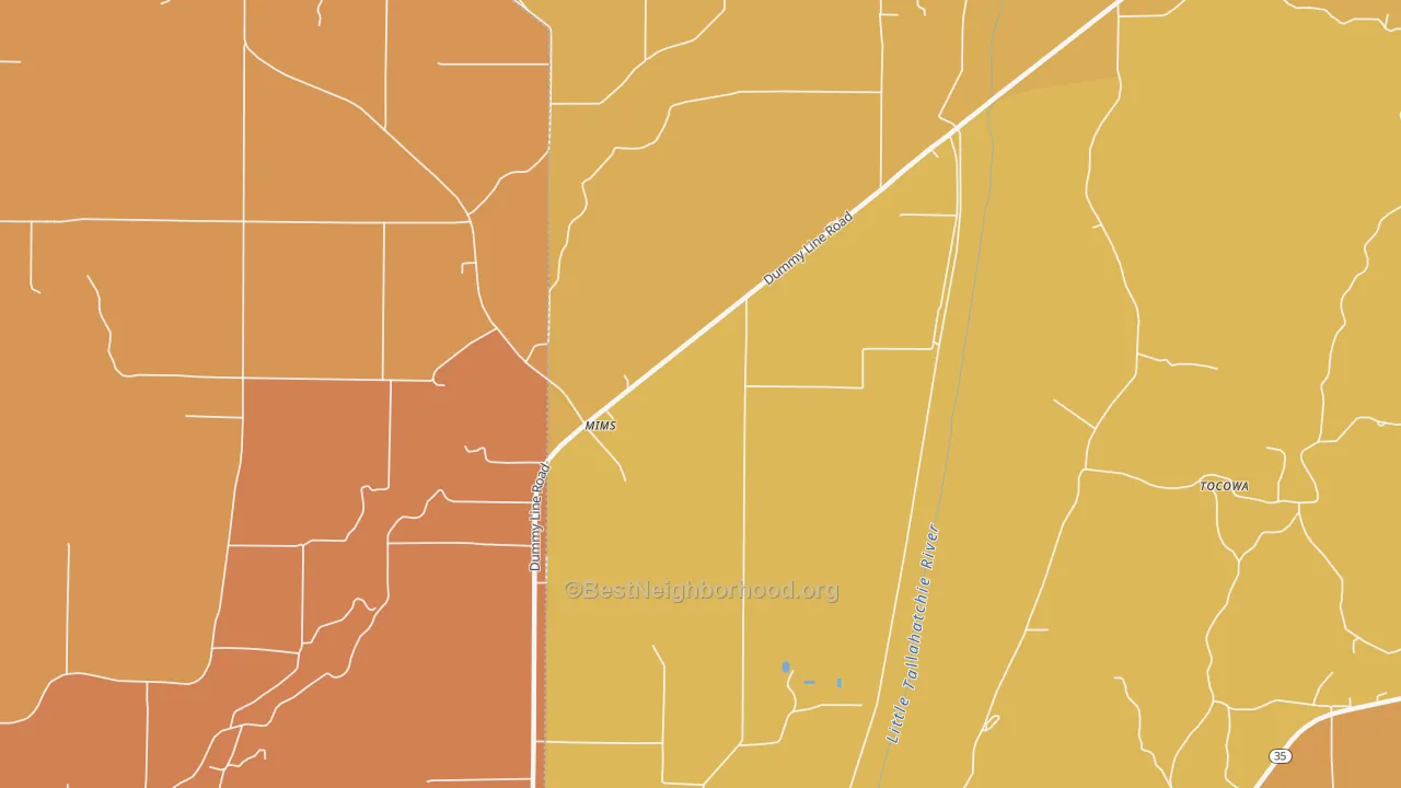 Map of the best neighborhoods in the Mimms area, with better matches in green and worse matches in red