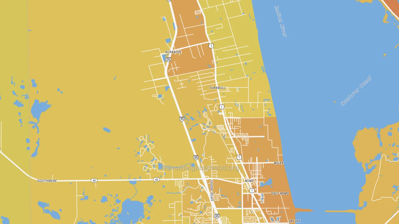 Map of the best neighborhoods in the Mims area, with better matches in green and worse matches in red