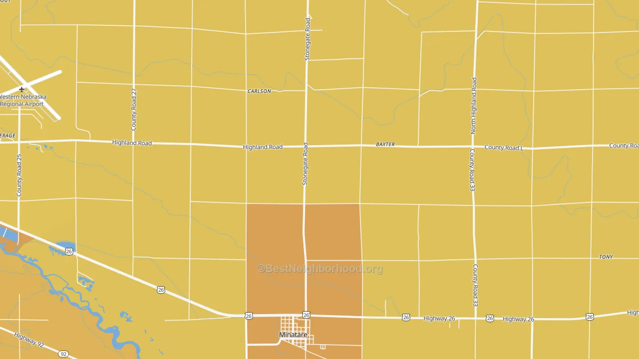 Map of the best neighborhoods in the Minatare area, with better matches in green and worse matches in red