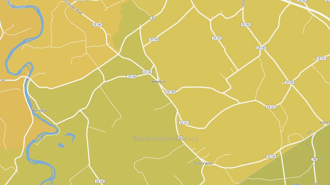 Map of the best neighborhoods in the Minaville area, with better matches in green and worse matches in red
