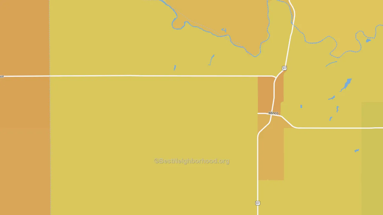 Map of the best neighborhoods in the Minco area, with better matches in green and worse matches in red
