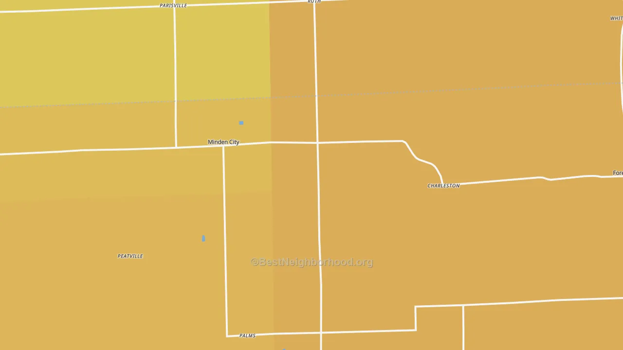 Map of the best neighborhoods in the Minden City area, with better matches in green and worse matches in red