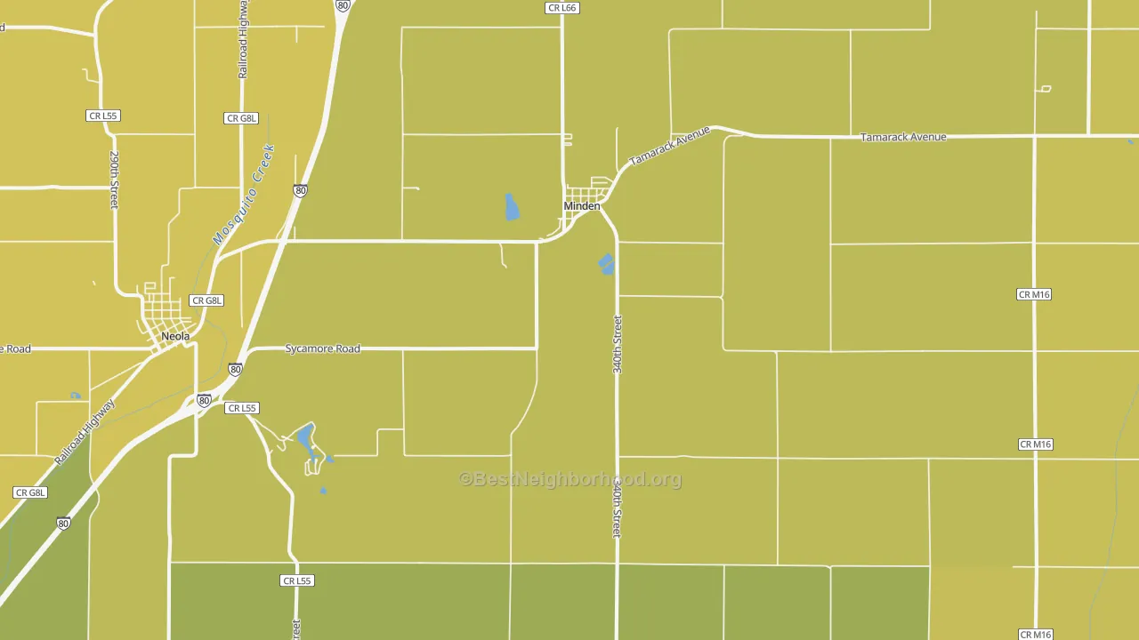 Map of the best neighborhoods in the Minden area, with better matches in green and worse matches in red