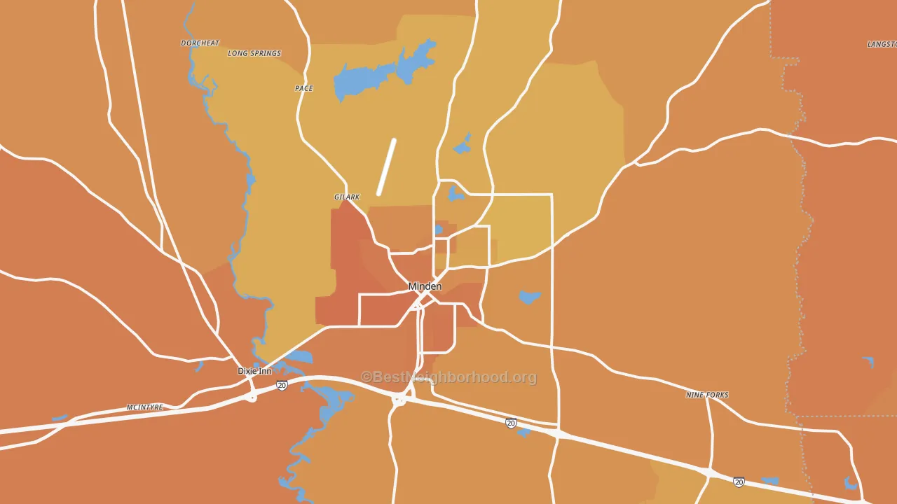 Map of the best neighborhoods in the Minden area, with better matches in green and worse matches in red
