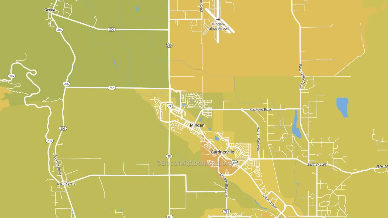 Map of the best neighborhoods in the Minden area, with better matches in green and worse matches in red