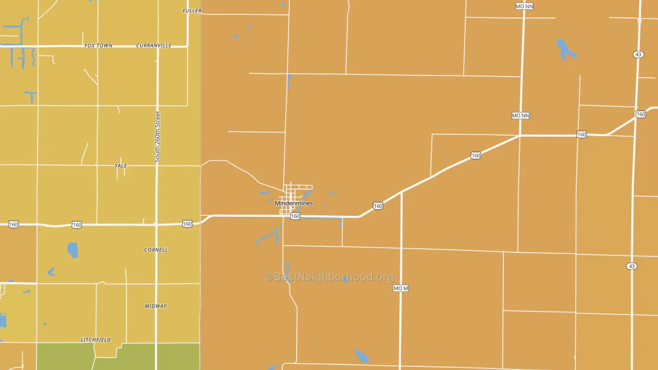 Map of the best neighborhoods in the Mindenmines area, with better matches in green and worse matches in red