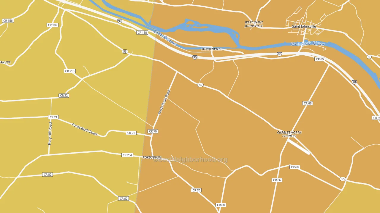 Map of the best neighborhoods in the Mindenville area, with better matches in green and worse matches in red