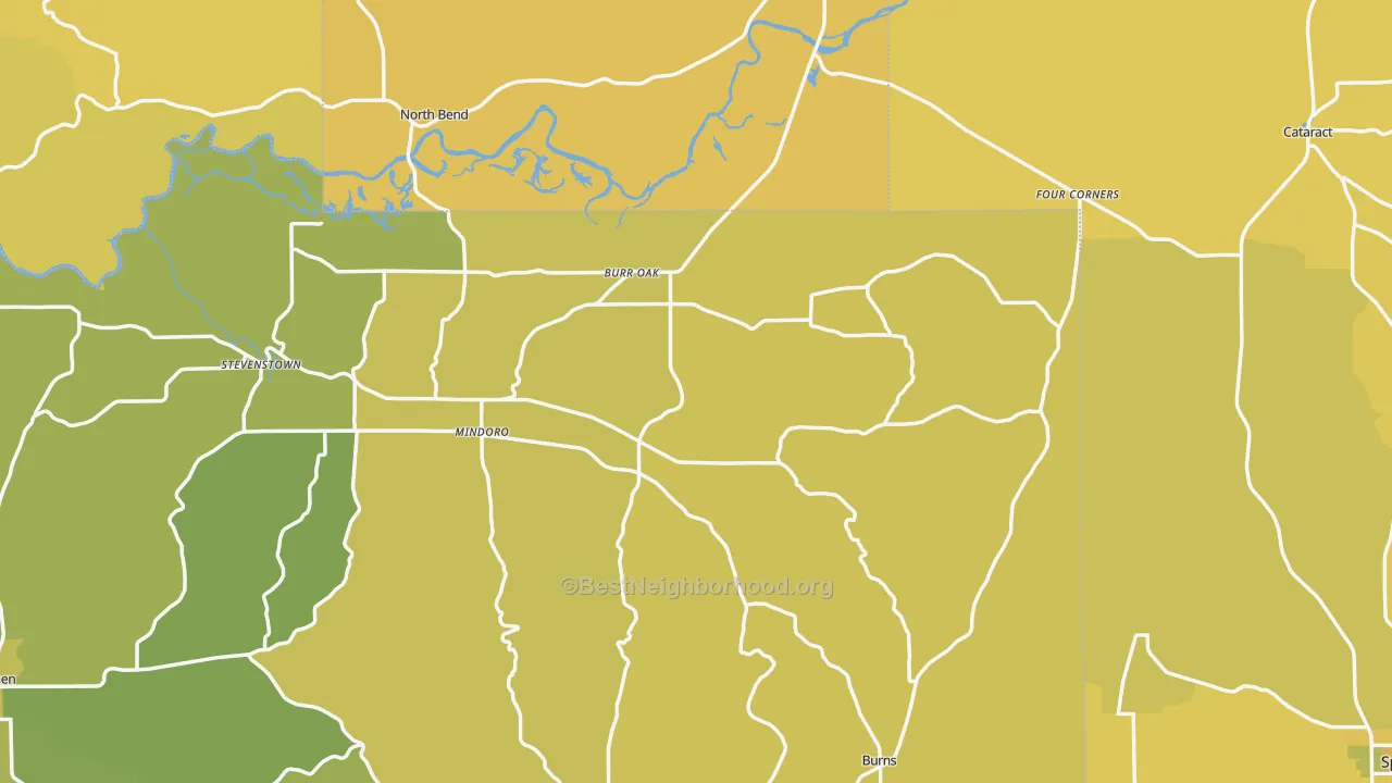 Map of the best neighborhoods in the Mindoro area, with better matches in green and worse matches in red