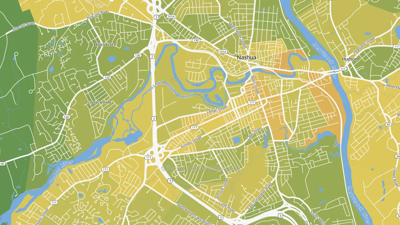 Map of the best neighborhoods in the Mine Falls Park, Nashua area, with better matches in green and worse matches in red