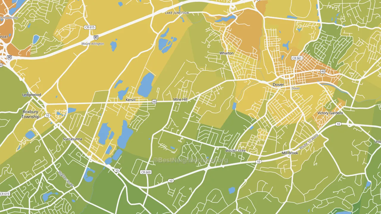 Map of the best neighborhoods in the Mine Hill area, with better matches in green and worse matches in red
