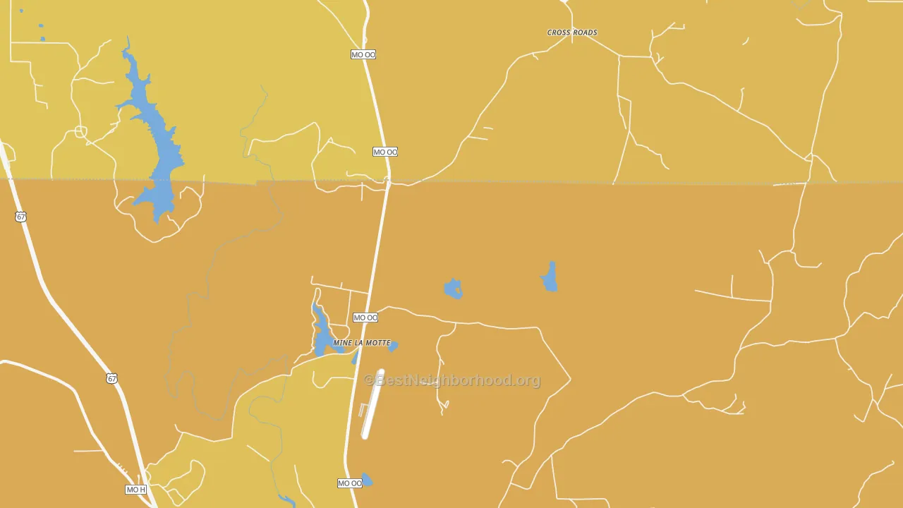 Map of the best neighborhoods in the Mine La Motte area, with better matches in green and worse matches in red