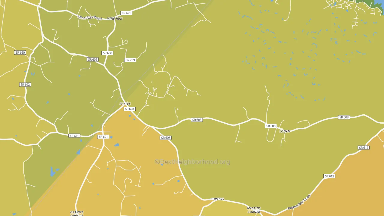 Map of the best neighborhoods in the Mine Run area, with better matches in green and worse matches in red