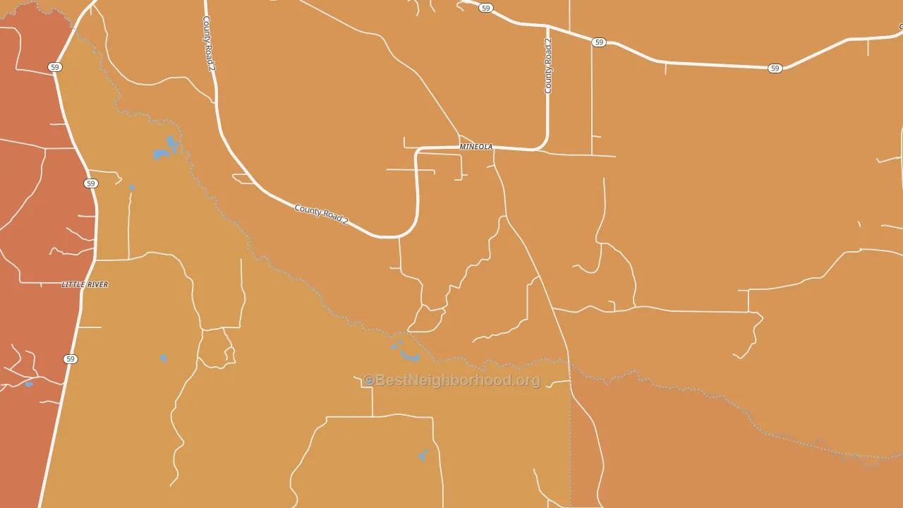 Map of the best neighborhoods in the Mineola area, with better matches in green and worse matches in red