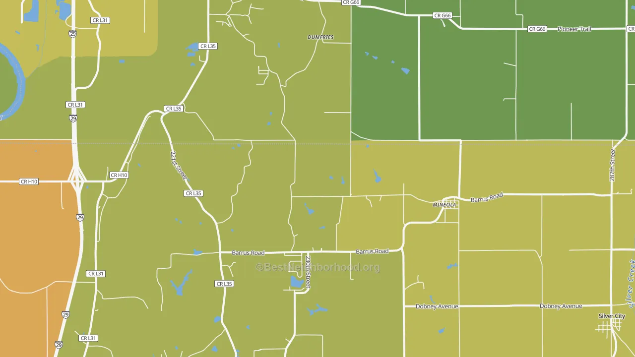 Map of the best neighborhoods in the Mineola area, with better matches in green and worse matches in red