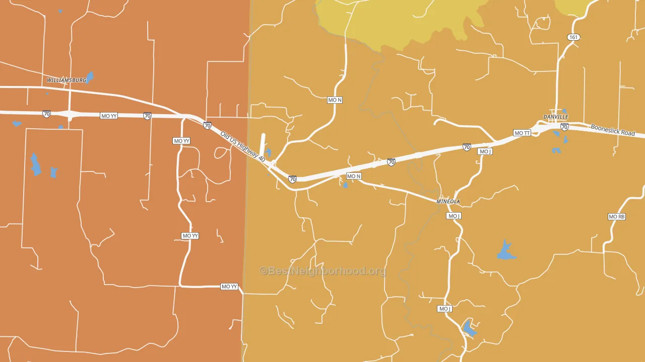 Map of the best neighborhoods in the Mineola area, with better matches in green and worse matches in red