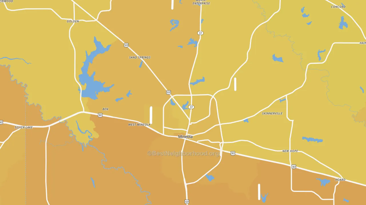 Map of the best neighborhoods in the Mineola area, with better matches in green and worse matches in red
