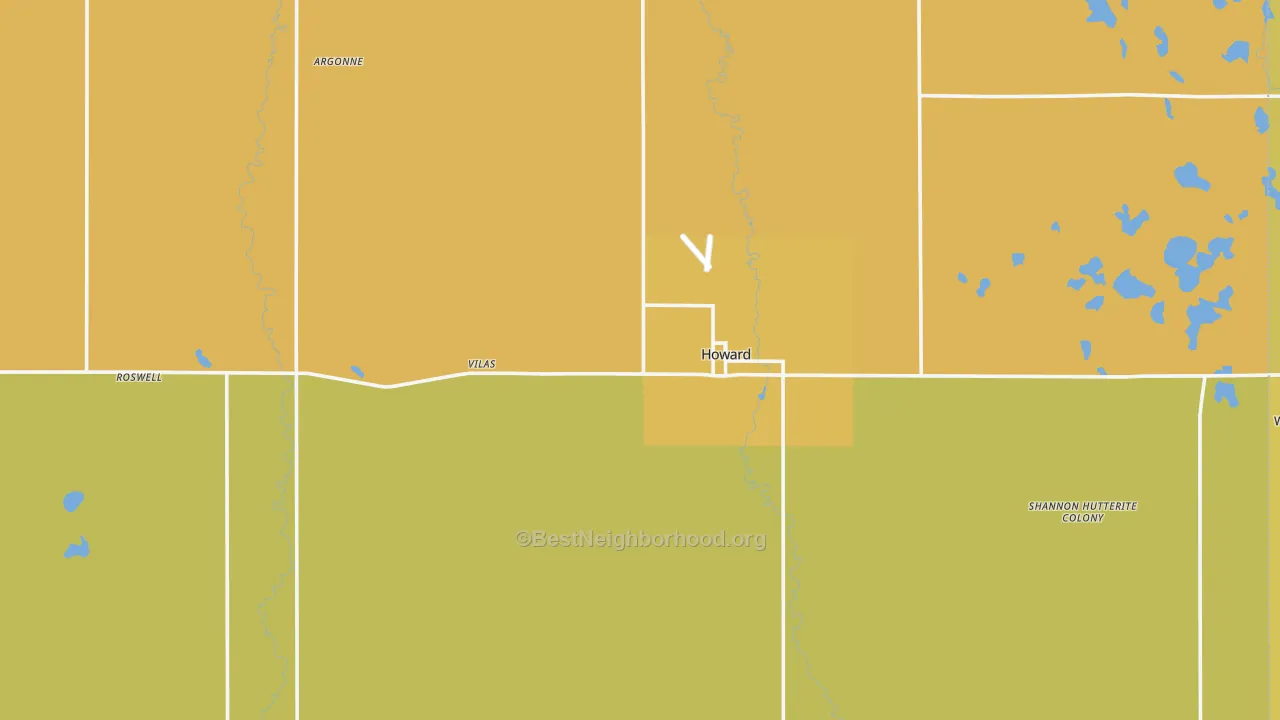 Map of the best neighborhoods in the Miner County area, with better matches in green and worse matches in red
