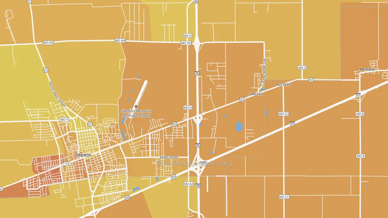Map of the best neighborhoods in the Miner area, with better matches in green and worse matches in red
