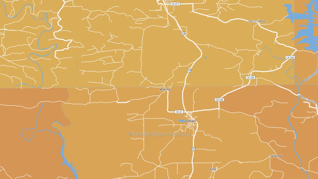 Map of the best neighborhoods in the Mineral area, with better matches in green and worse matches in red