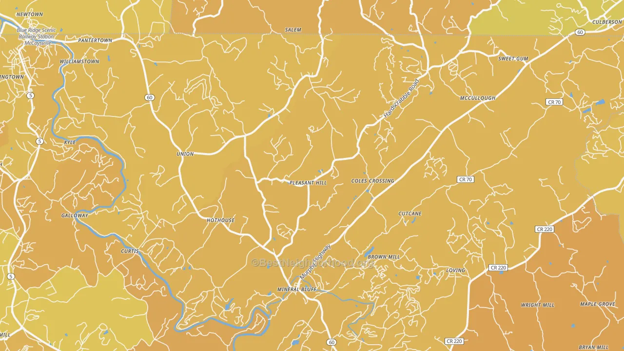 Map of the best neighborhoods in the Mineral Bluff area, with better matches in green and worse matches in red